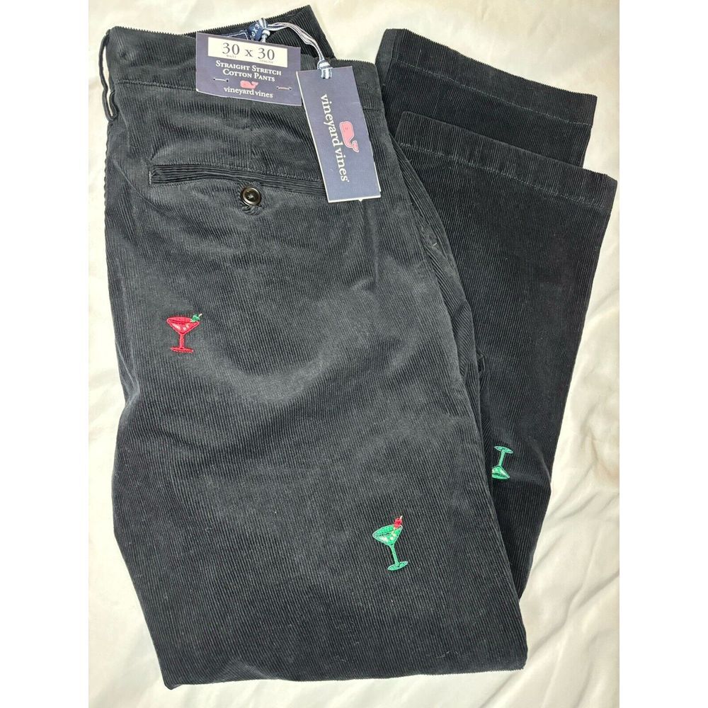 Vineyard Vines Corduroy Pants Mens 30x30 Black Allover Martini Print Stretch NEW